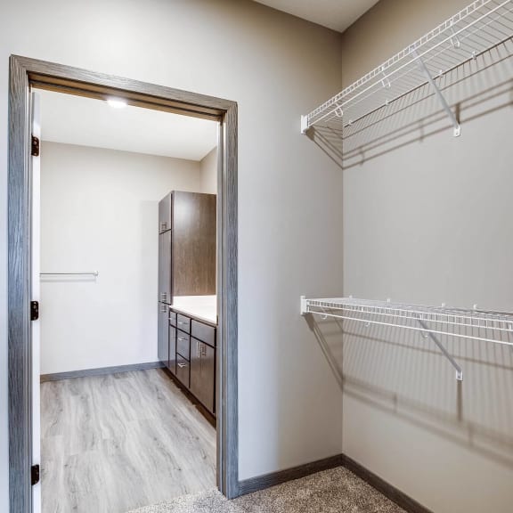 a spacious closet with a mirrored door and a walk in closet