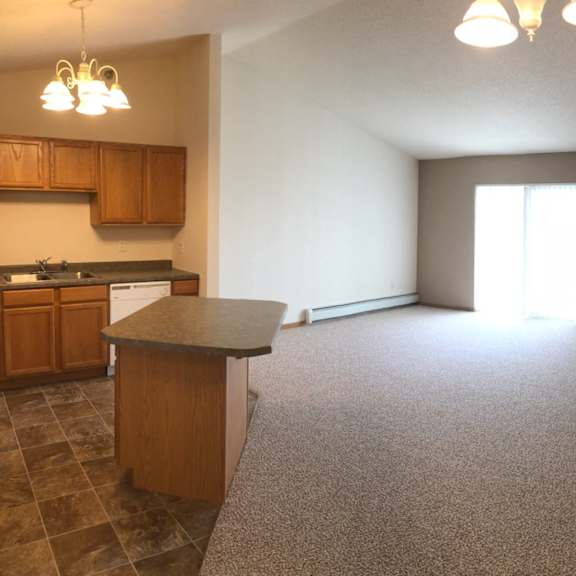 a kitchen with brown cabinets and a countertop is visible.
