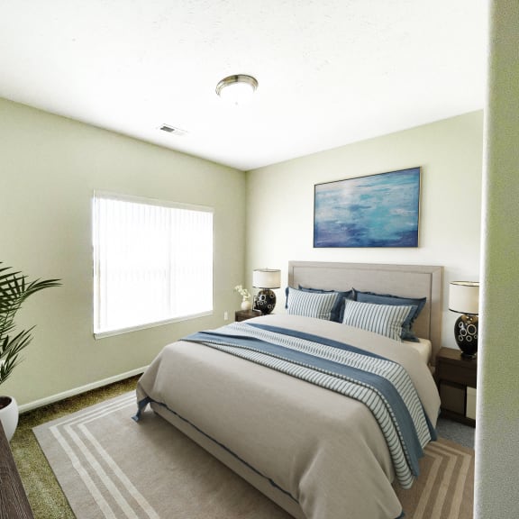 a bedroom with a bed and a large window