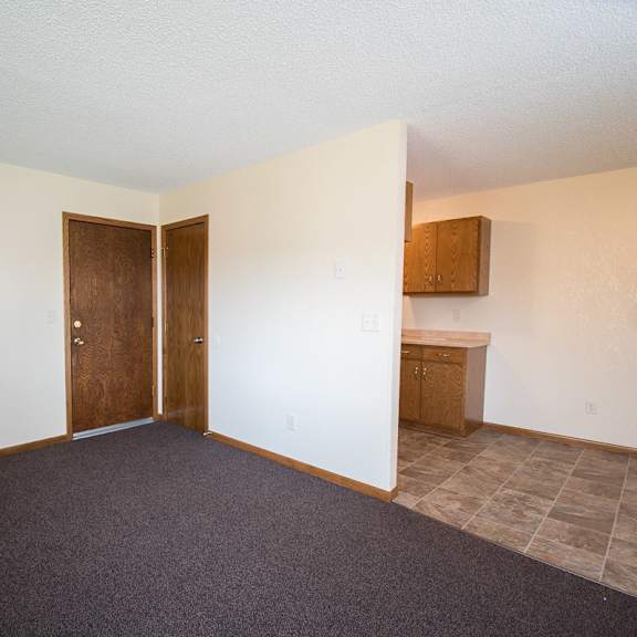 a room with a carpeted floor and a wooden door.