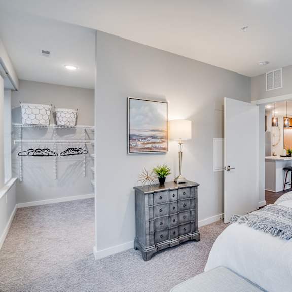 a bedroom with a large bed and a dresser with a plant on top.