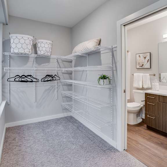 a white closet with a toilet in the bathroom.