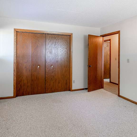 a room with a carpeted floor and two wooden doors.