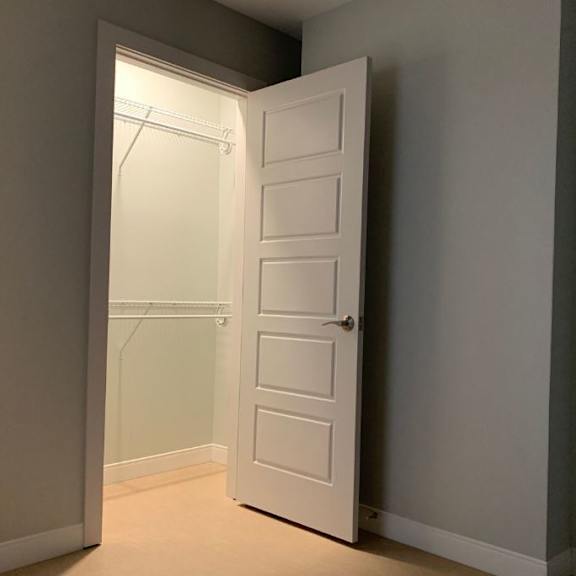 an open white door in a room with a closet