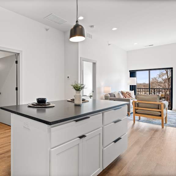 a modern kitchen with white cabinets and a black countertop.