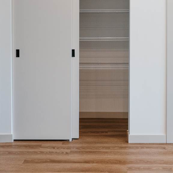 a white closet with shelves inside is open.