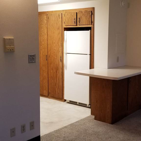 a kitchen with a white fridge and wooden cabinets.