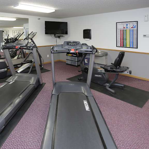 a gym with treadmills and elliptical machines.