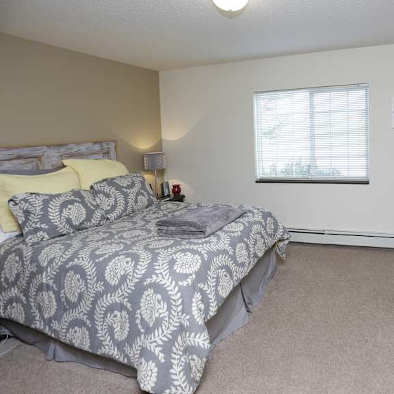 a bedroom with a bed, dresser, and television.
