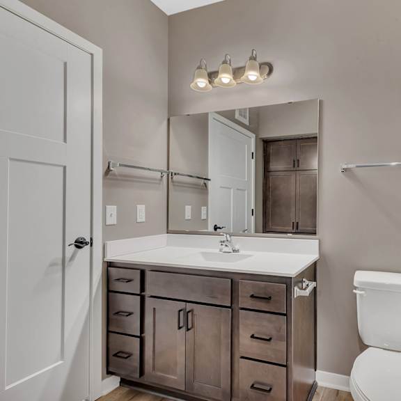 a bathroom with a white toilet, sink, and wooden cabinets.