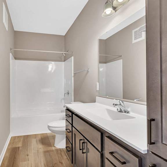 a bathroom with a white sink and a walk-in shower.