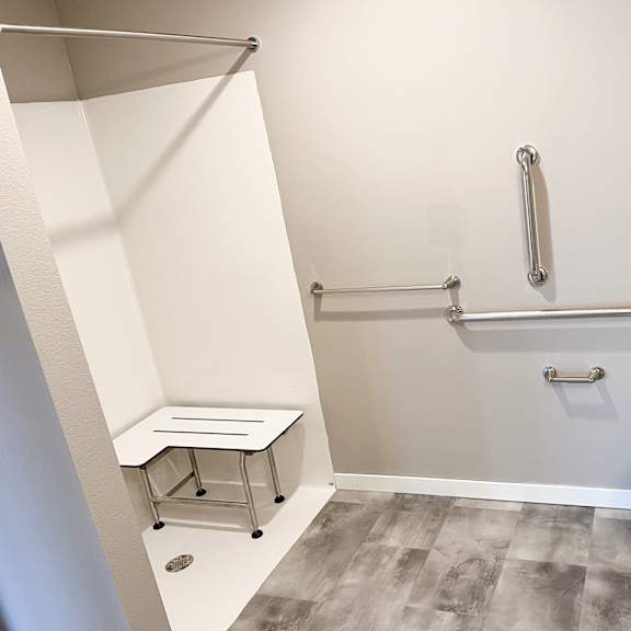 a white toilet sits next to a walk-in shower in a bathroom.