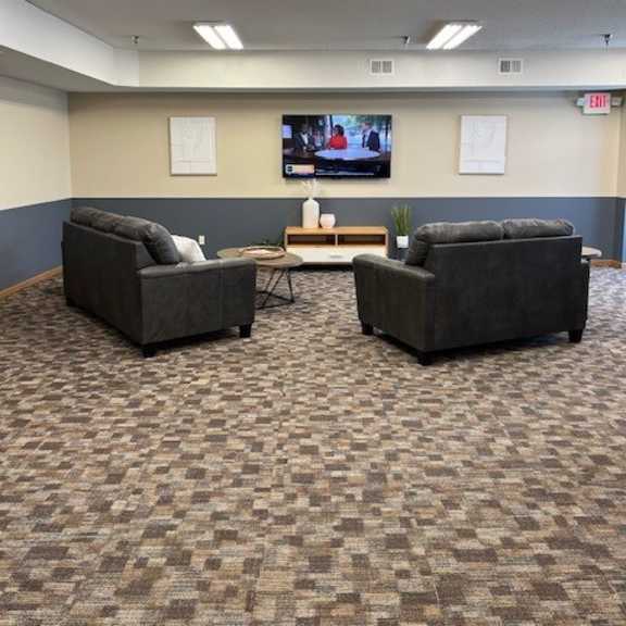 a living room with two couches and a tv