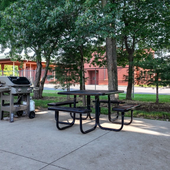 a picnic table with a grill in a park