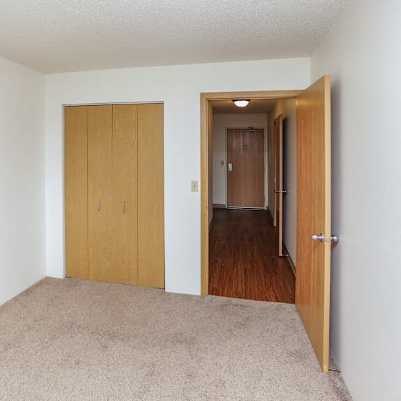a room with a carpeted floor and two wooden doors.
