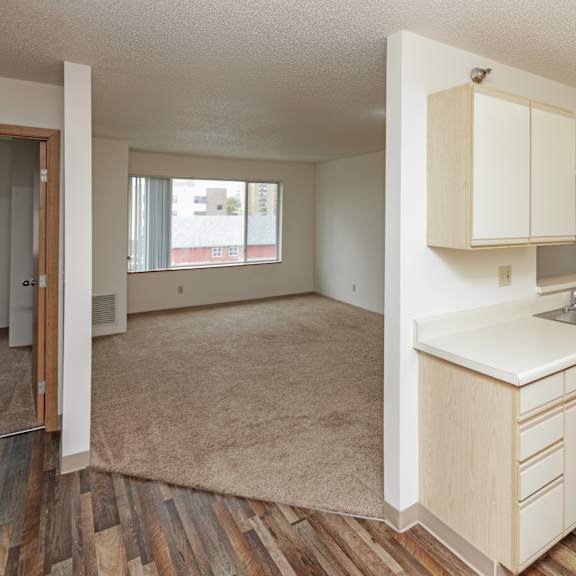a kitchen with a sink and wooden floors.