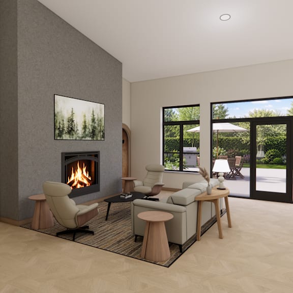 a modern living room with a fireplace and a large window.