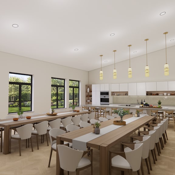 a modern dining room with a long table and chairs.