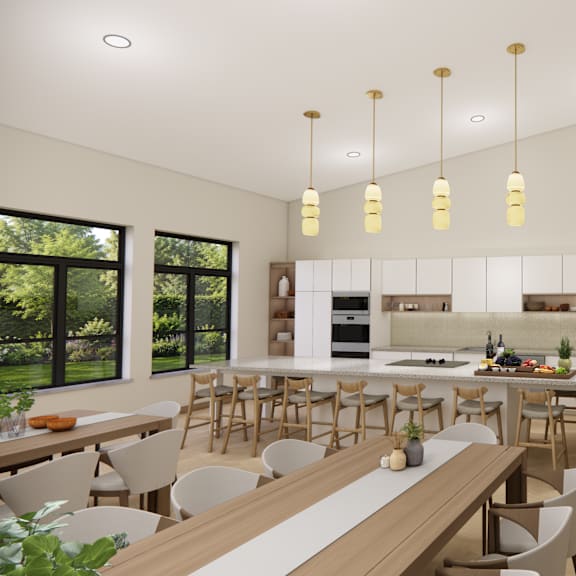 a modern kitchen with a dining table and chairs.