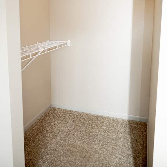 empty white shelves in a small room.
