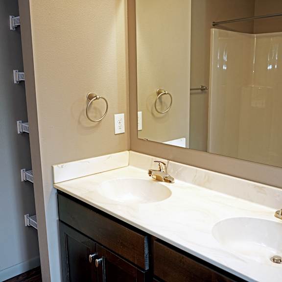 a bathroom with two sinks and a large mirror.