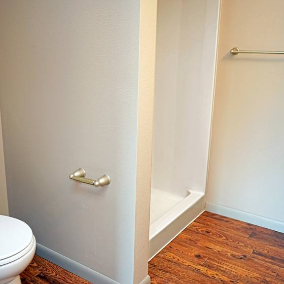 a white toilet sits in a small bathroom with wood floors.