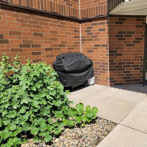 a black covered object is outside a brick building.