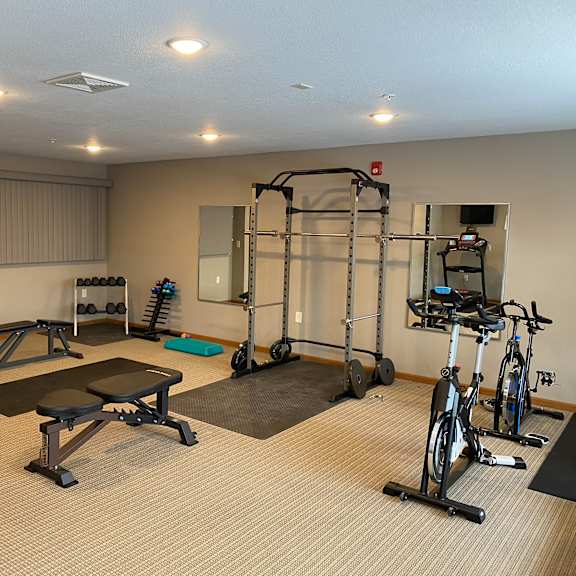 a spacious gym with a variety of equipment including a treadmill, weights, and a bench press.