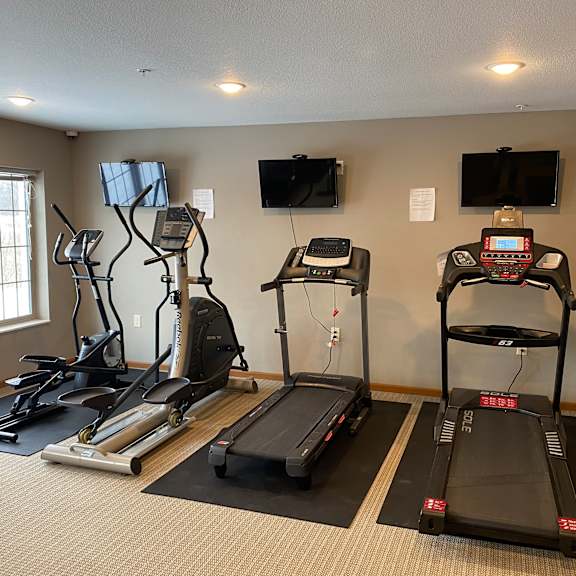 a gym room with treadmills, elliptical machines, and a television.