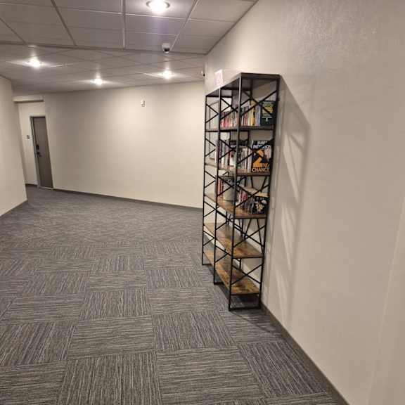 a hallway with a carpeted floor and a bookshelf on the right side.