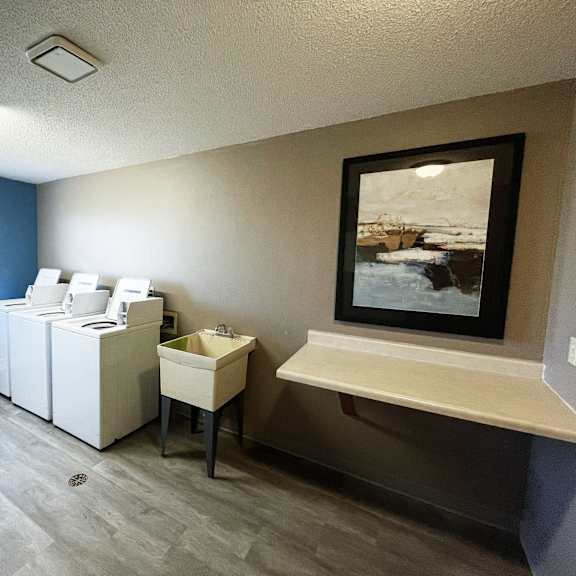 a room with a large painting on the wall and a row of washing machines.