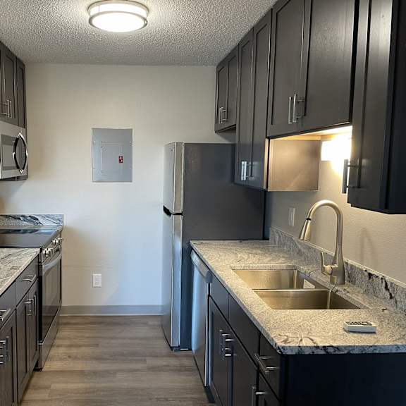 a kitchen with black cabinets and granite countertops.