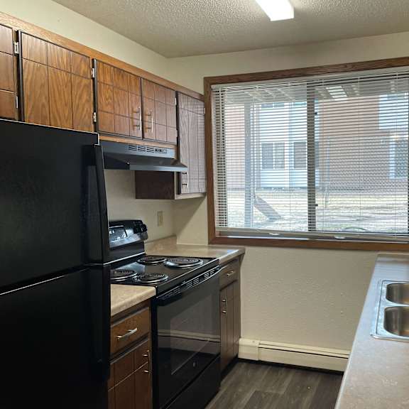 a kitchen with black appliances and wooden cabinets.