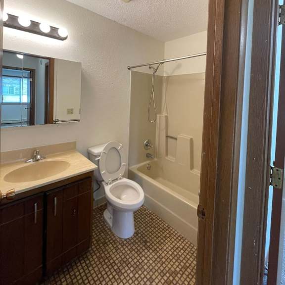 a bathroom with a toilet, sink, and shower.
