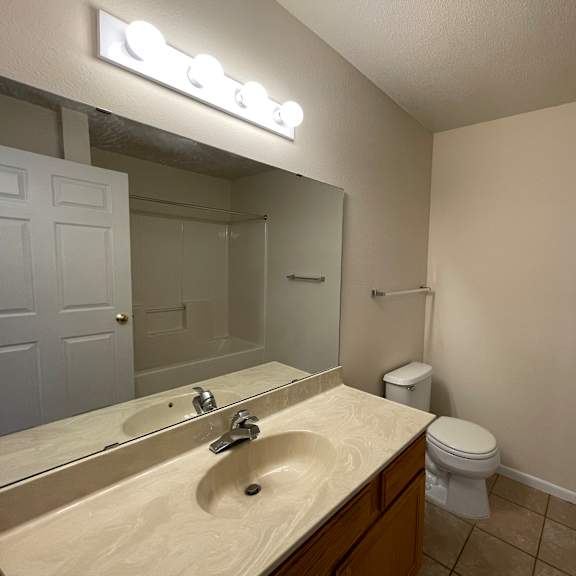 a bathroom with a sink, toilet, and mirror.