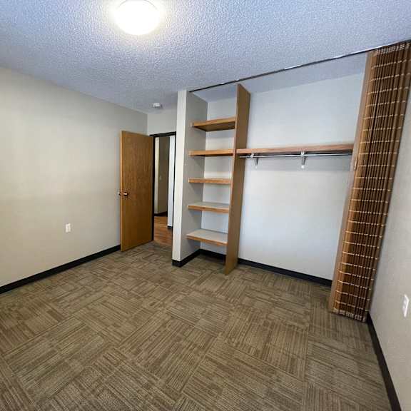 a room with a carpeted floor, a wooden door, and a wooden shelf.