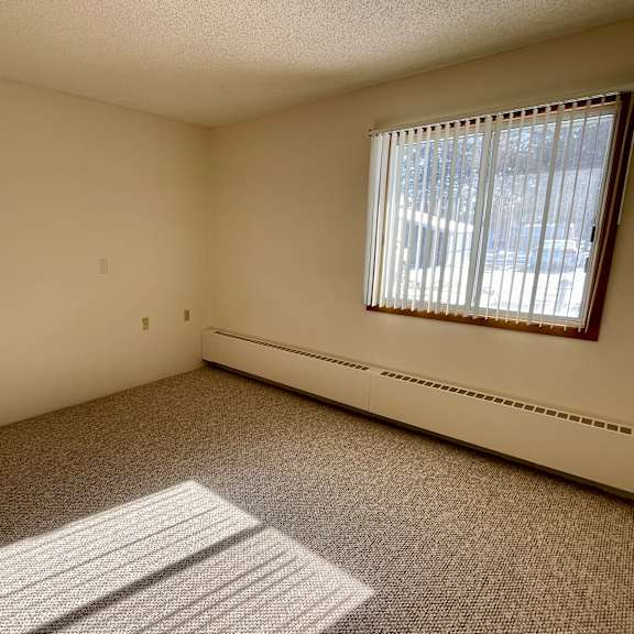 a room with a window and a carpeted floor.