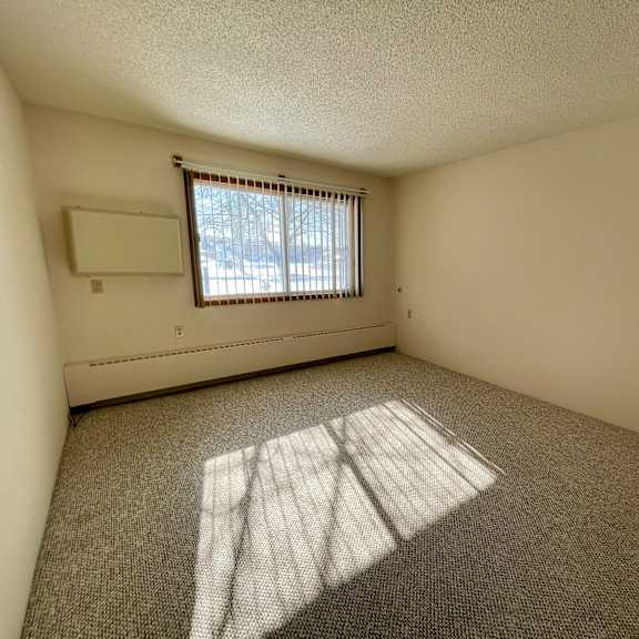 a room with a window and a carpeted floor.