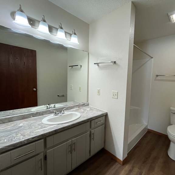 a bathroom with a toilet, sink, and mirror.