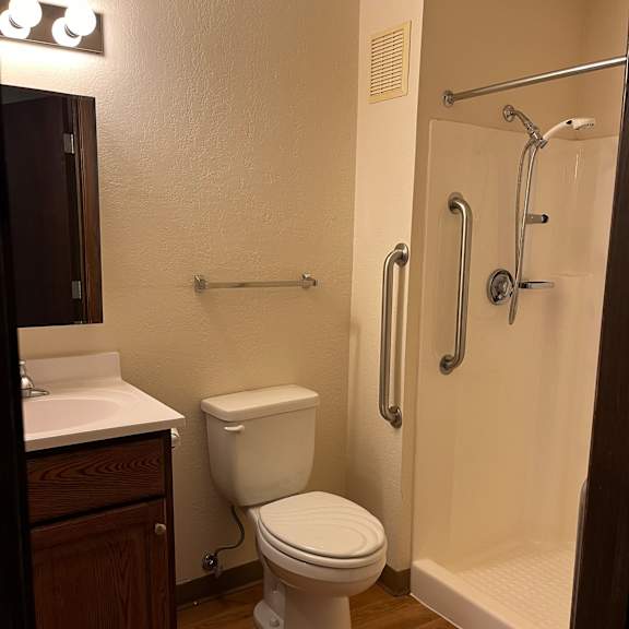 a white toilet with a silver flush handle and a silver grab bar above it.