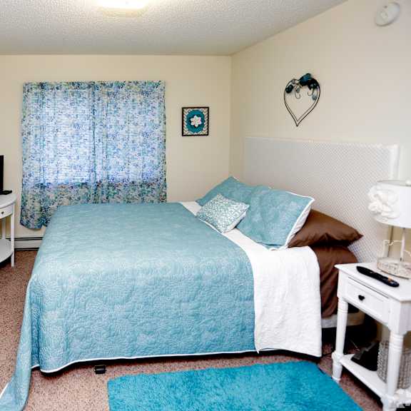 a bedroom with a bed and a dresser