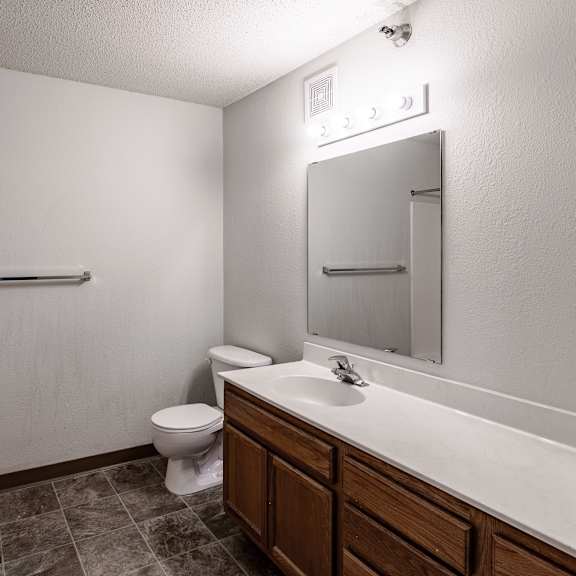 a bathroom with a toilet, sink, and mirror.