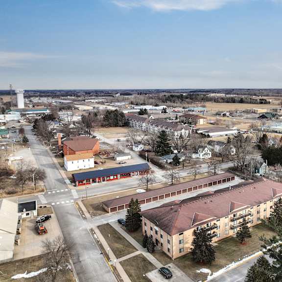 a small town with a large building in the center.