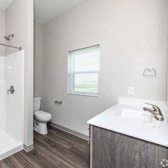 a white bathroom with a walk-in shower, toilet, and sink.