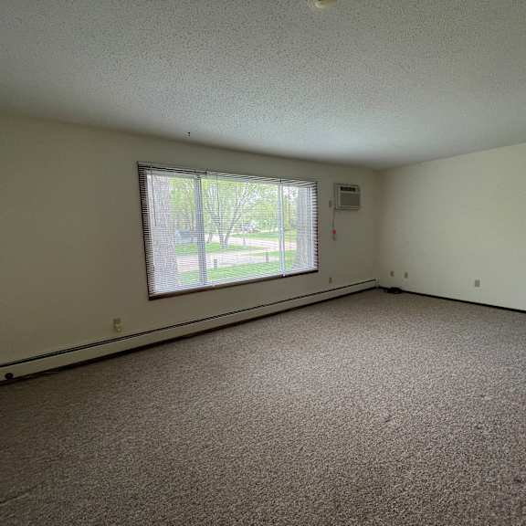 a room with a carpeted floor and a window.