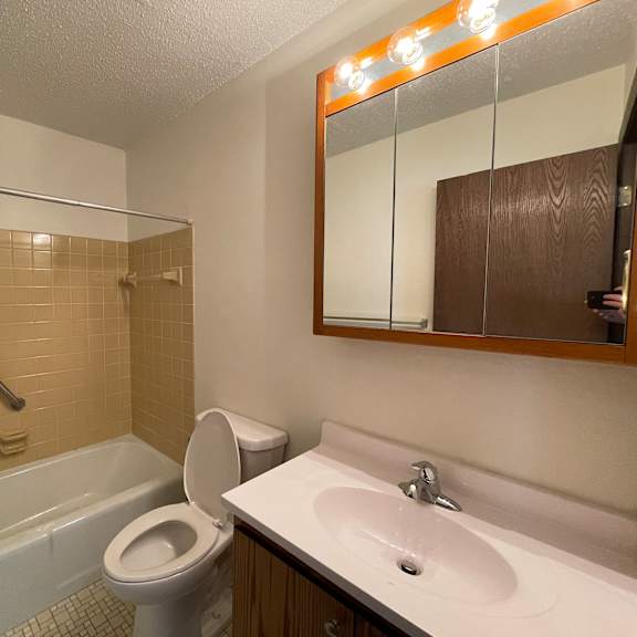 a bathroom with a toilet, sink, and bathtub.