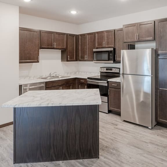 a kitchen with stainless steel appliances and wooden cabinets