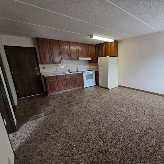 a kitchen area with a white stove and brown cabinets.