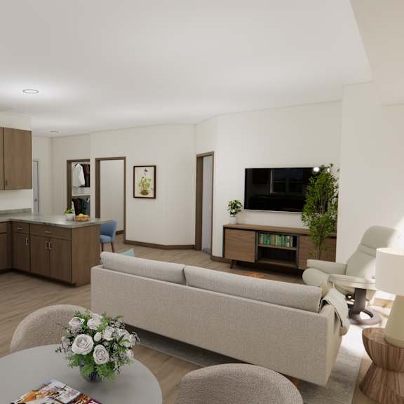 a modern kitchen with a dining table and chairs.