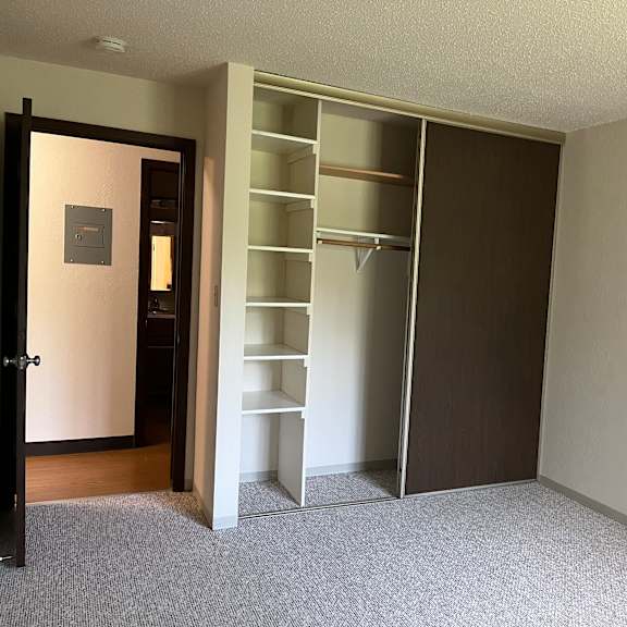 a room with a white carpet and a white closet with a mirror.